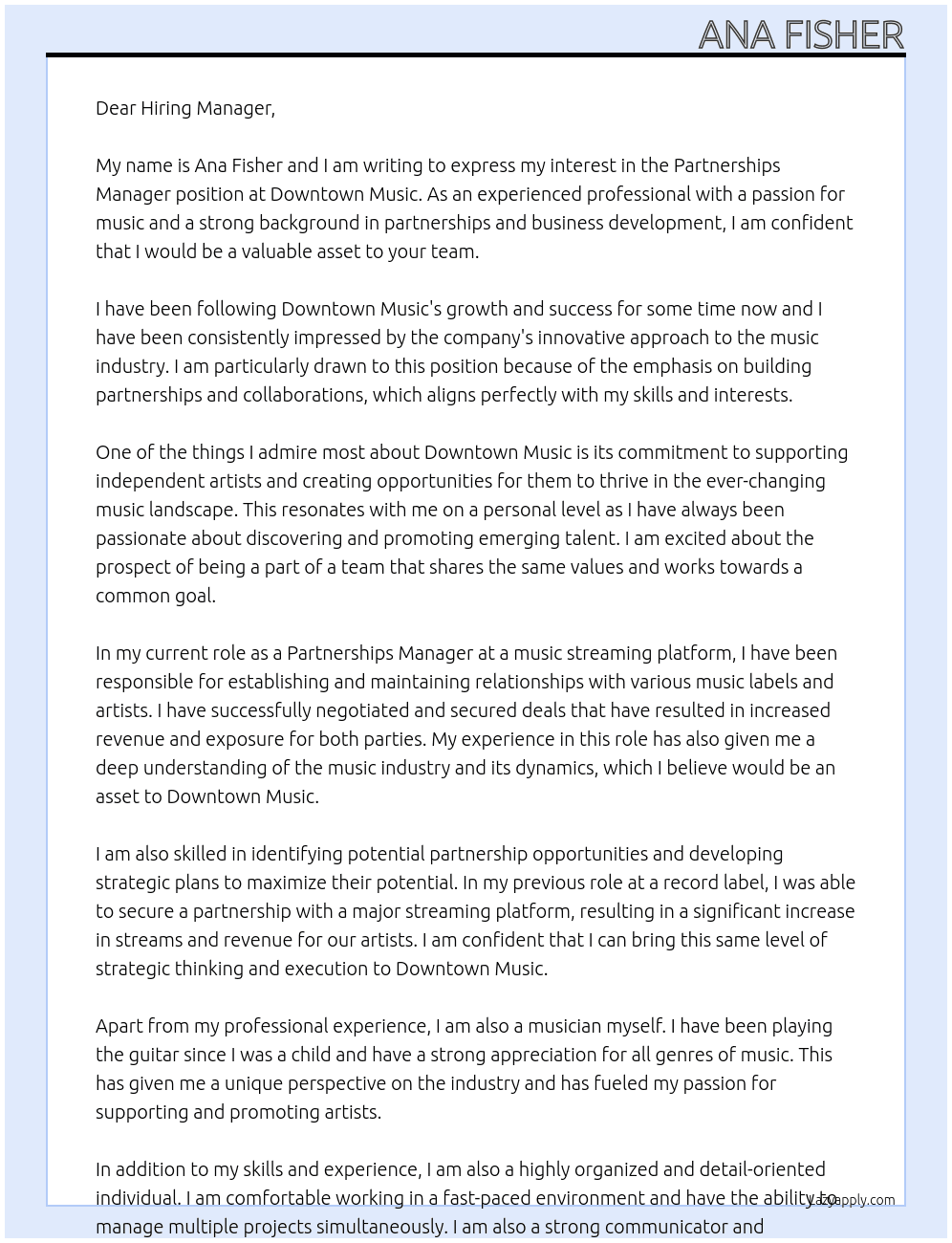 Partnerships Manager At Downtown music Cover Letter