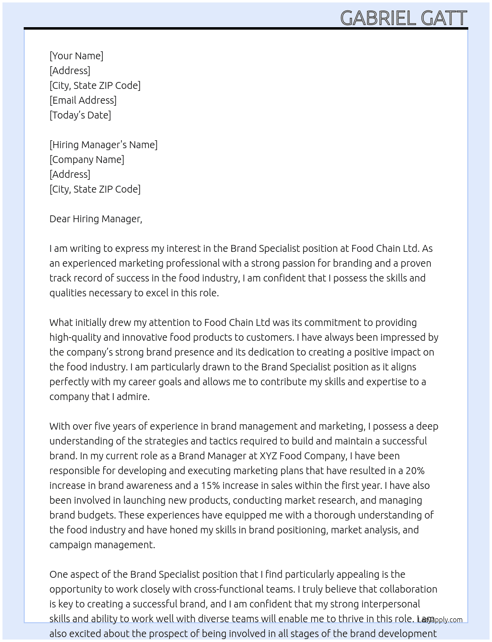 Brand Specialist At Food Chain Ltd Cover Letter