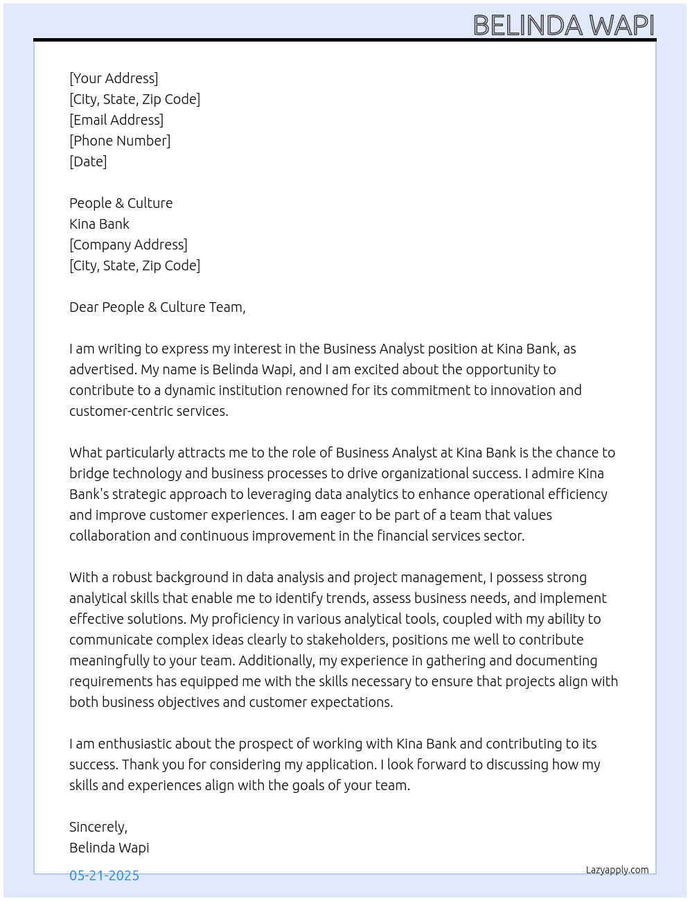 Cover letter for business analysts - LazyApply
