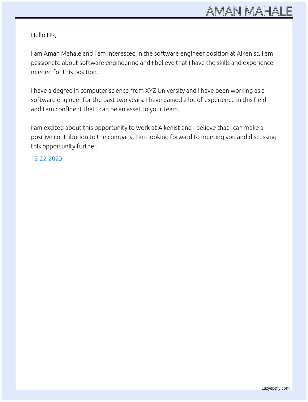 software engineer  At Aikenist  Cover Letter