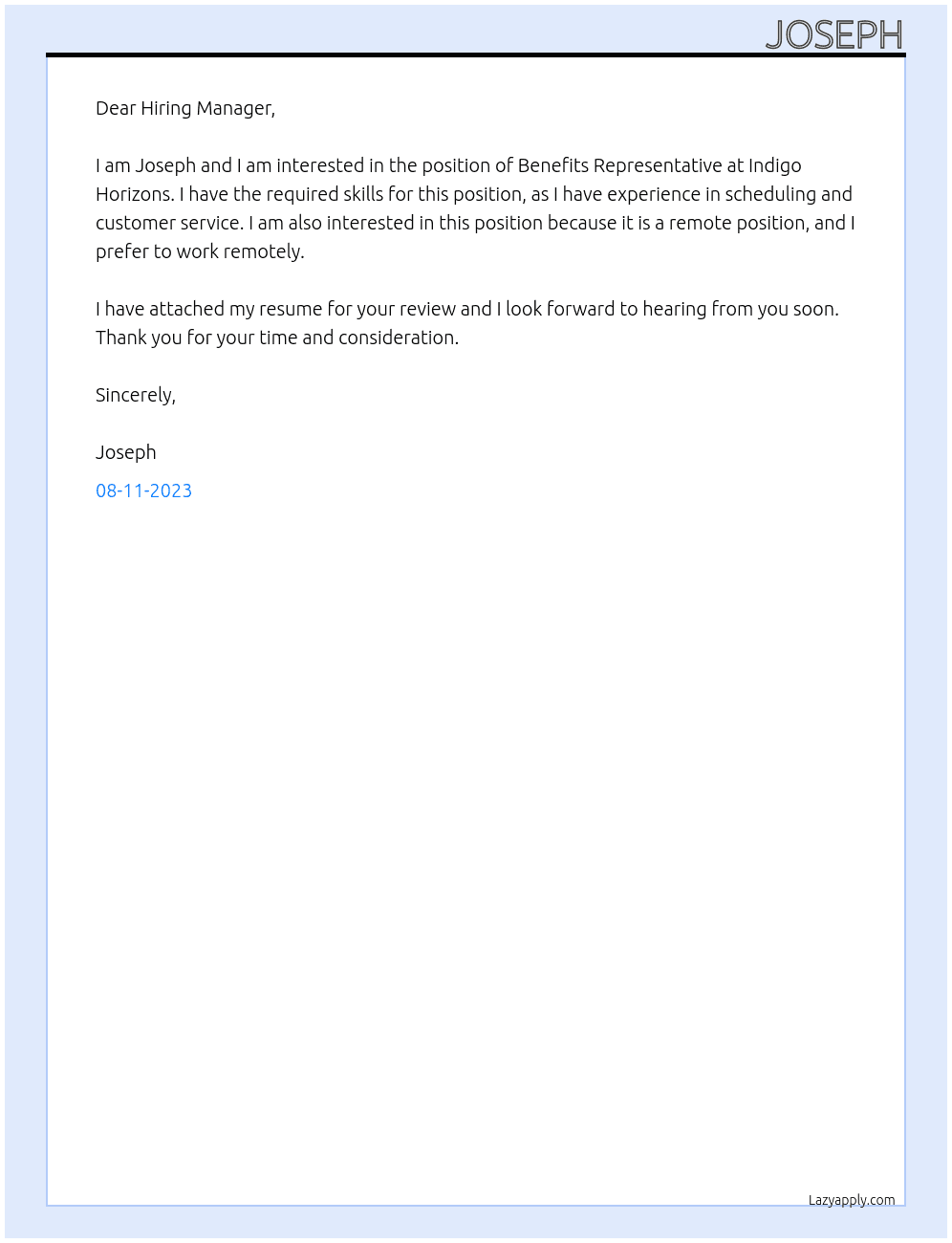 Benefits Representative At Indigo Horizons Cover Letter