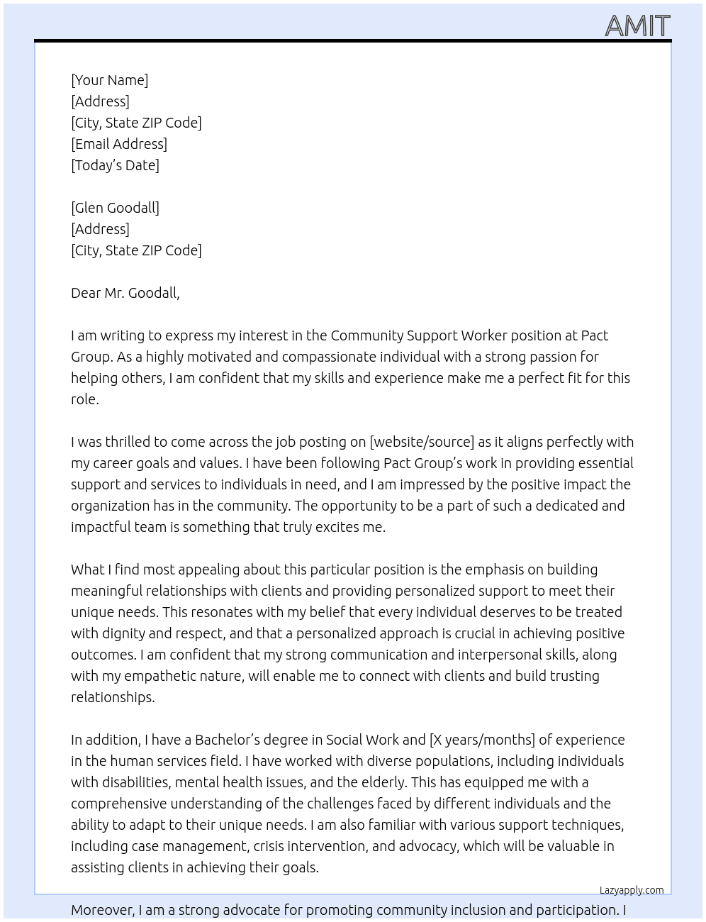 Community Support Worker At Pact Group Cover Letter