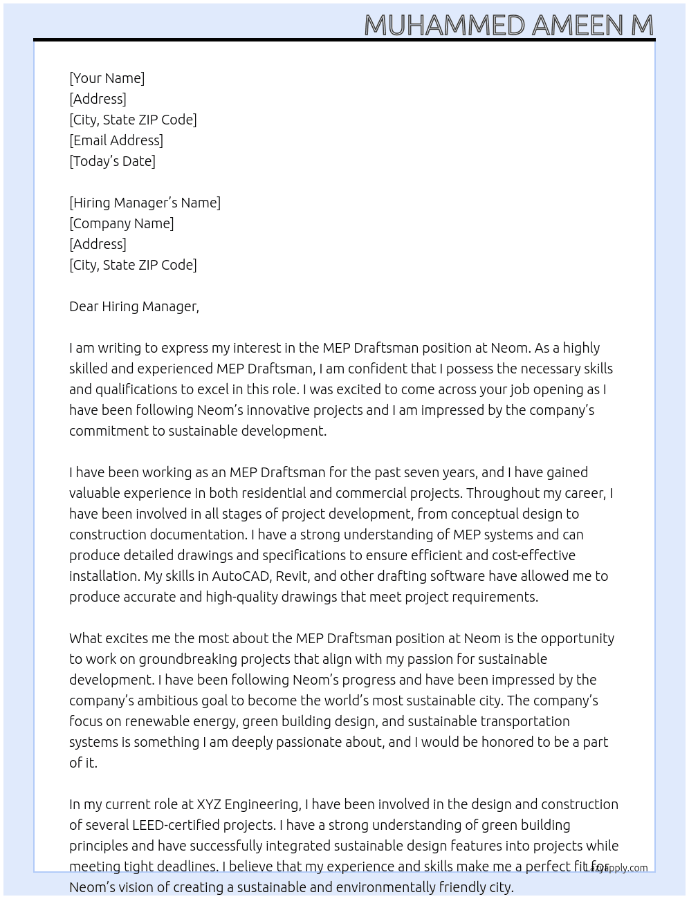 MEP Draftsman At Neom Cover Letter