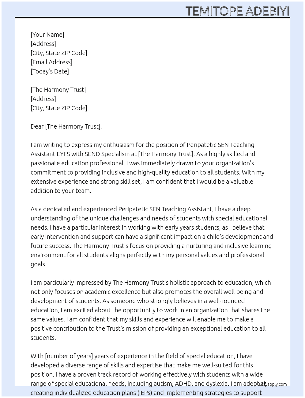 Peripatetic SEN Teaching Assistant EYFS with SEND Specialism At The Harmony Trust Cover Letter