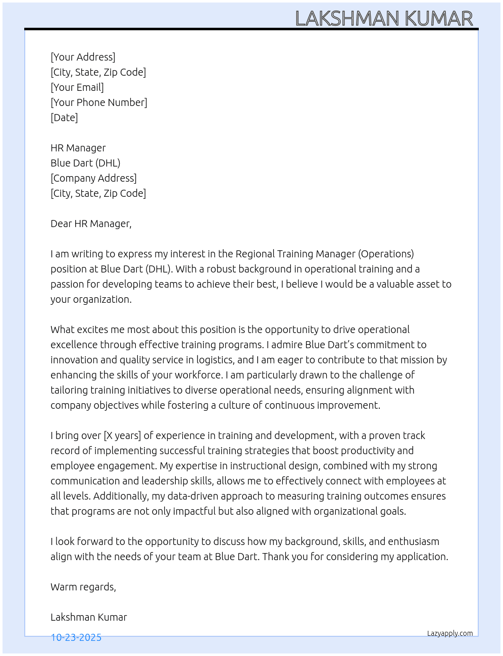 Regional training manager (operations) At Blue dart (DHL) Cover Letter