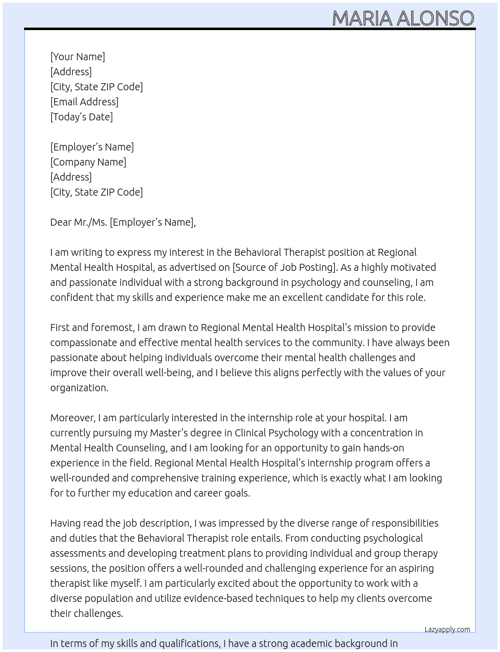 Behavioral Therapist  At Regional mental health hospital  Cover Letter