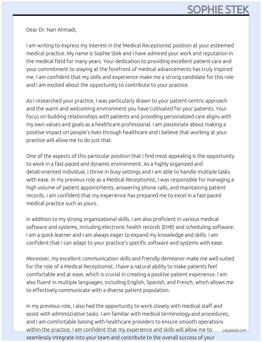 Medical Receptionist At Dr Nari Ahmadi Cover Letter
