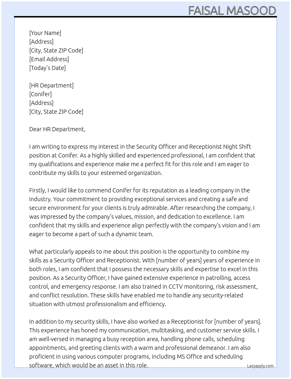 Security Officer and Receptionist Night Shift At conifer Cover Letter