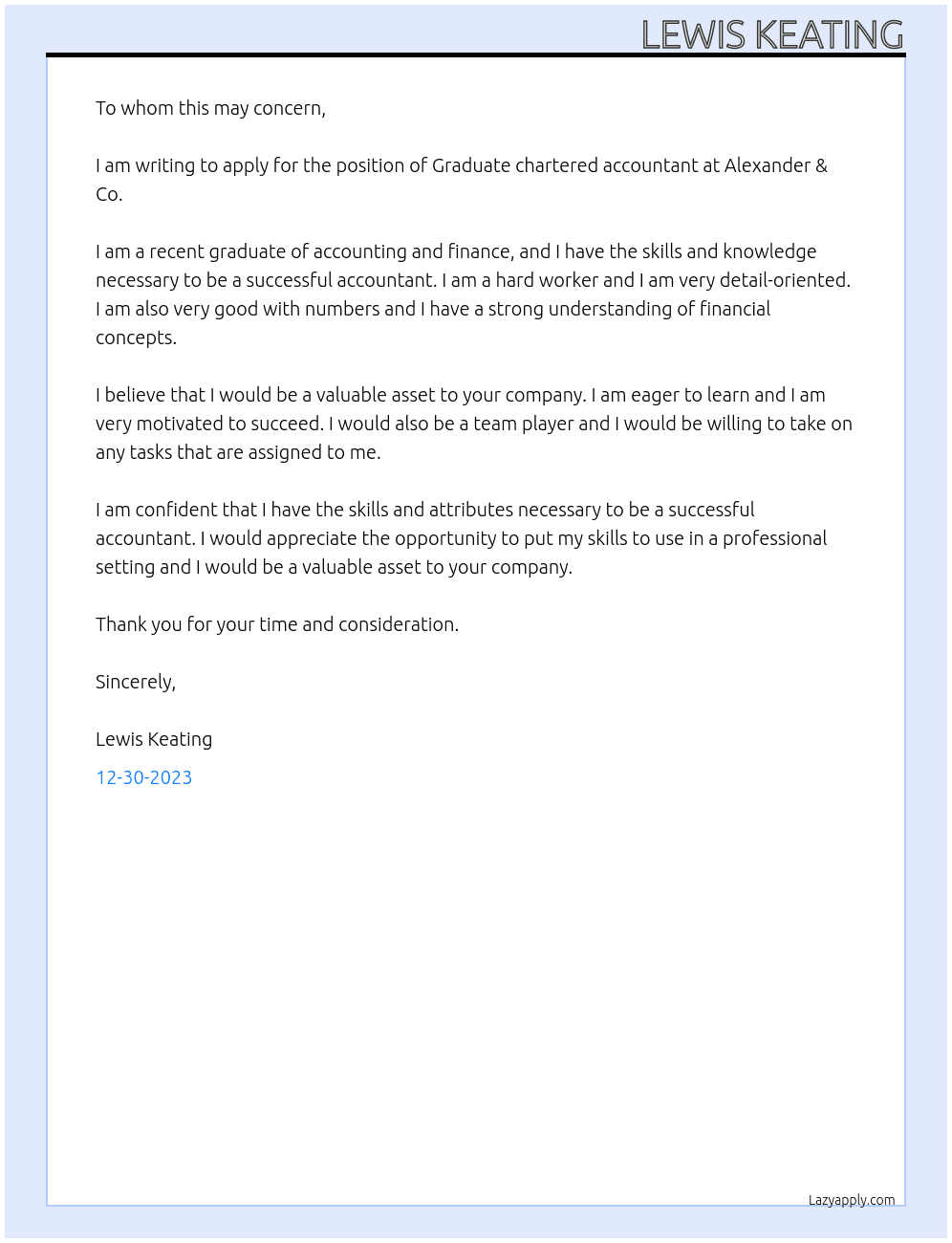Graduate chartered accountant At Alexander & Co. Cover Letter