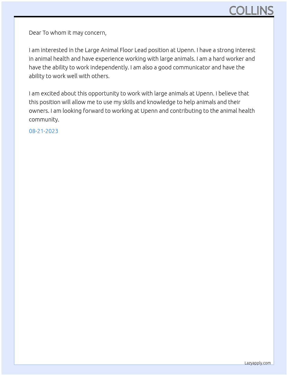 Large Animal Floor Lead At Upenn Cover Letter