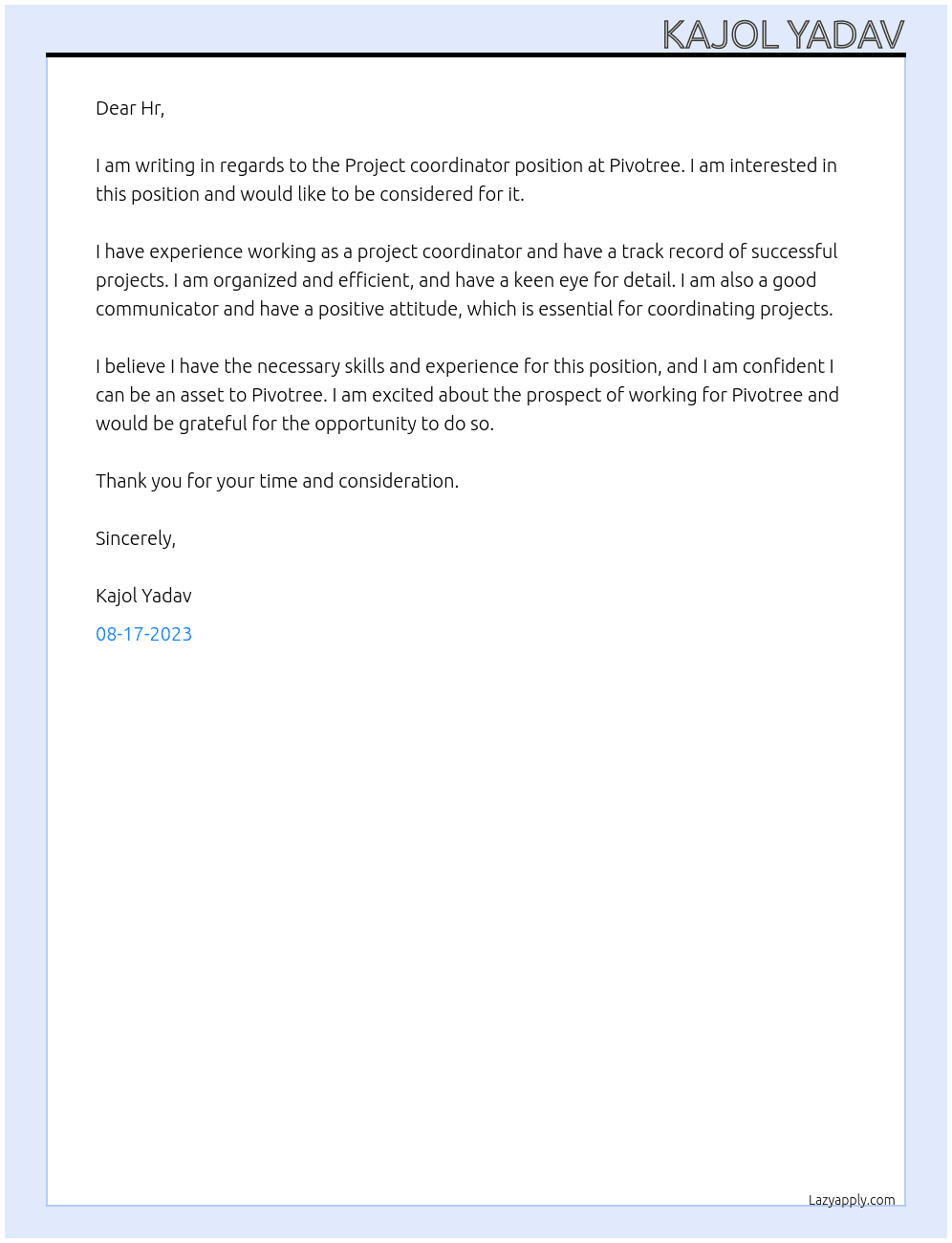 Project coordinator At Pivotree Cover Letter