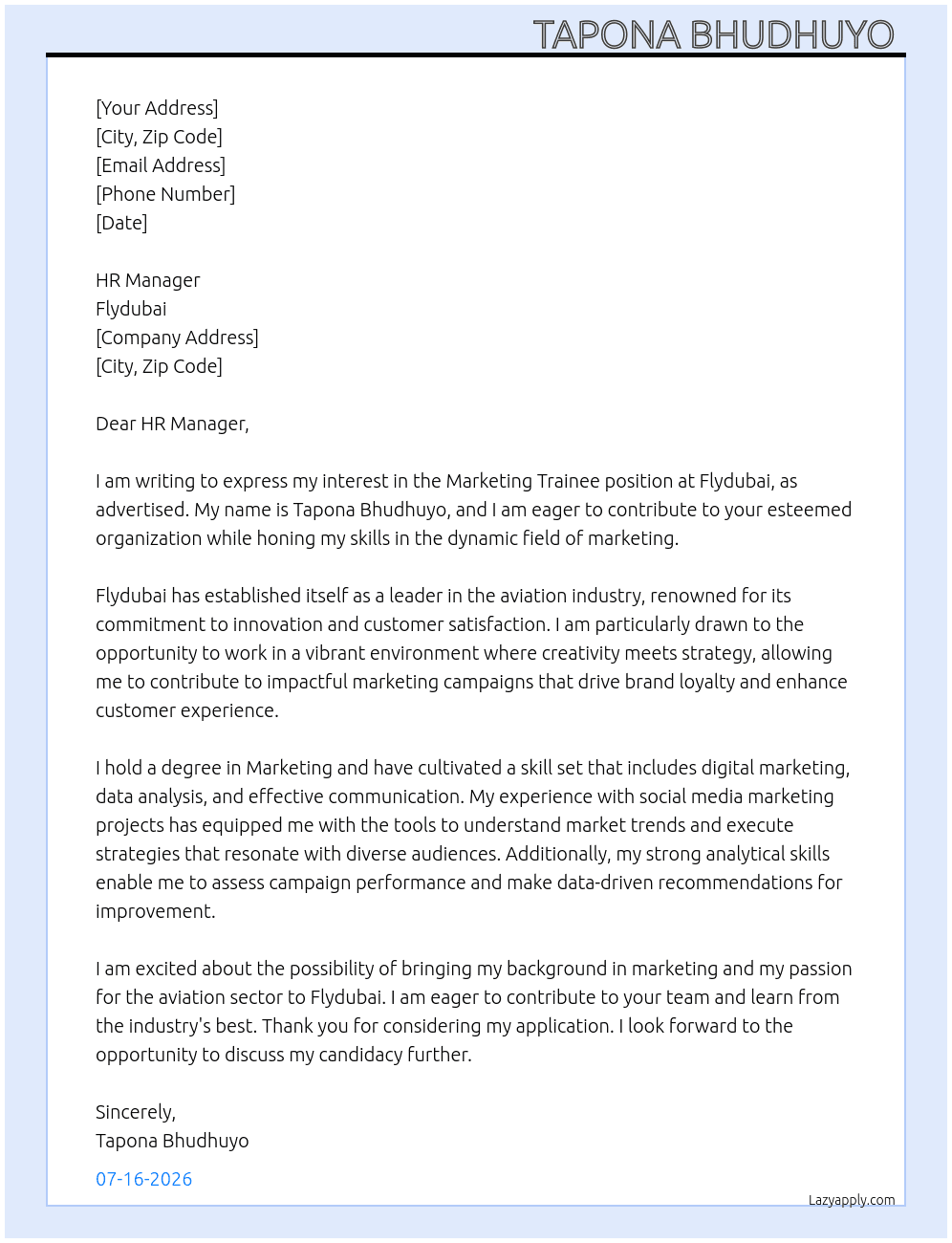 Cover letter for marketing trainee - LazyApply