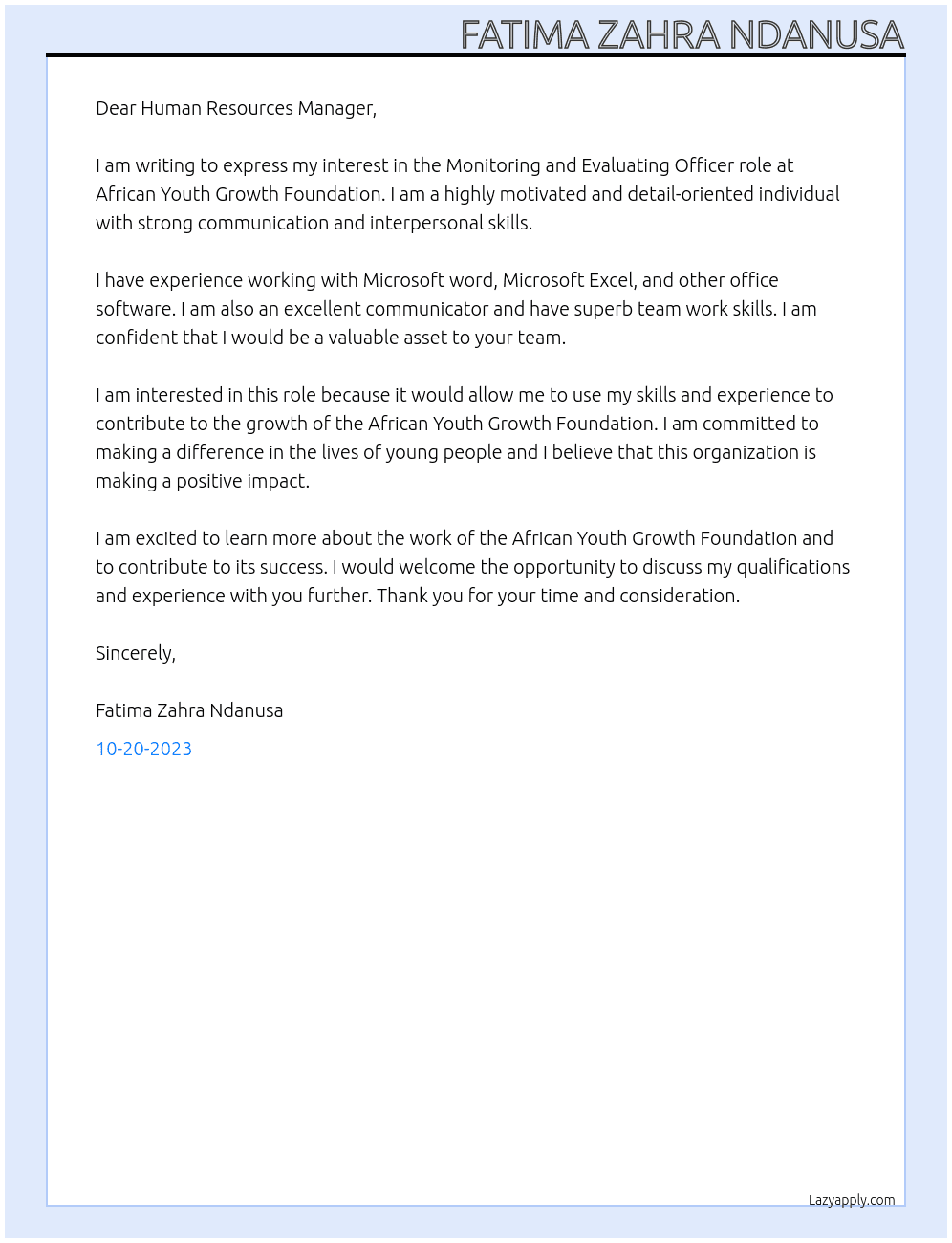 Monitoring and Evaluating Officer At African Youth Growth Foundation  Cover Letter