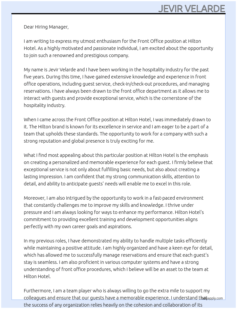 Front Office At Hilton Hotel Cover Letter