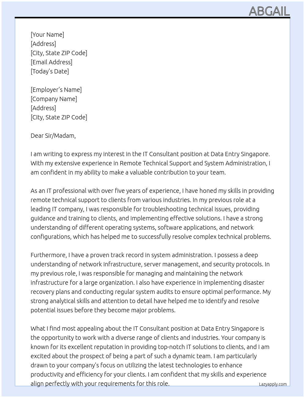 IT Consultant   At Data Entry Singapore Cover Letter