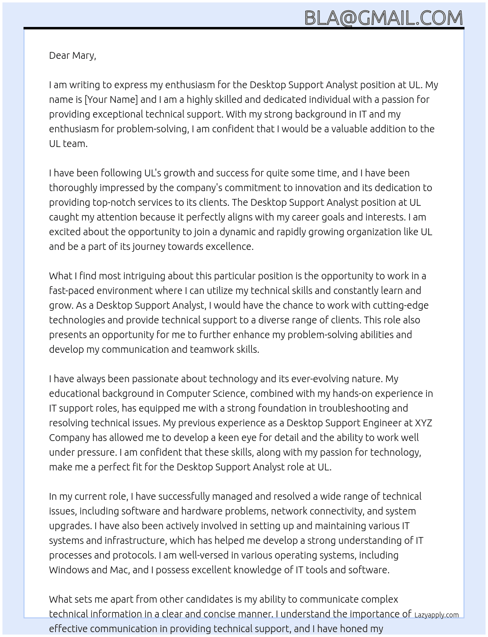 Desktop Support Analyst At ul Cover Letter
