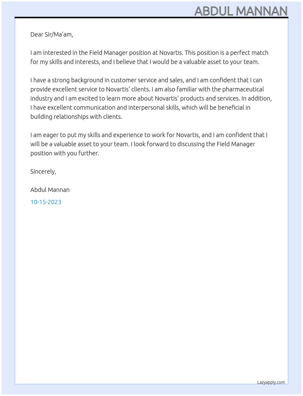 Field Manager At Novartis Cover Letter