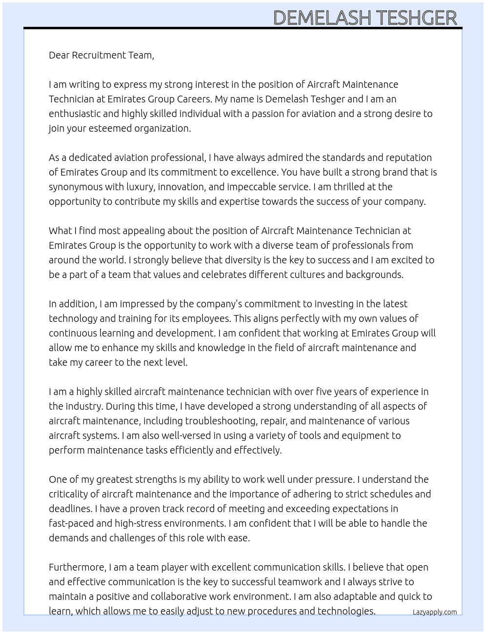 Aircraft Maintenance Technician  At Emirates Group Careers Cover Letter