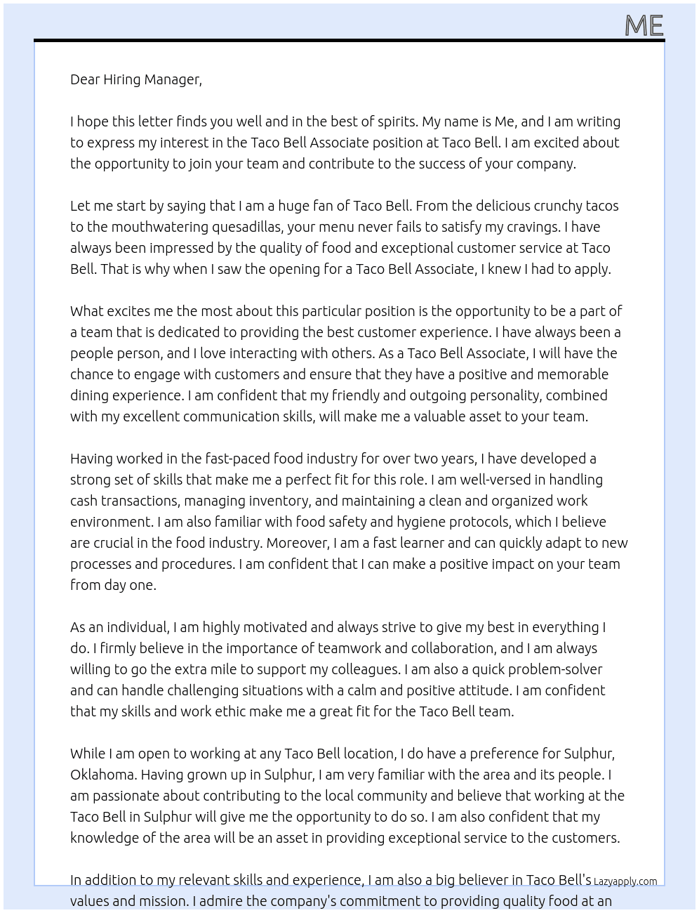 Taco Bell associate At Taco Bell Cover Letter