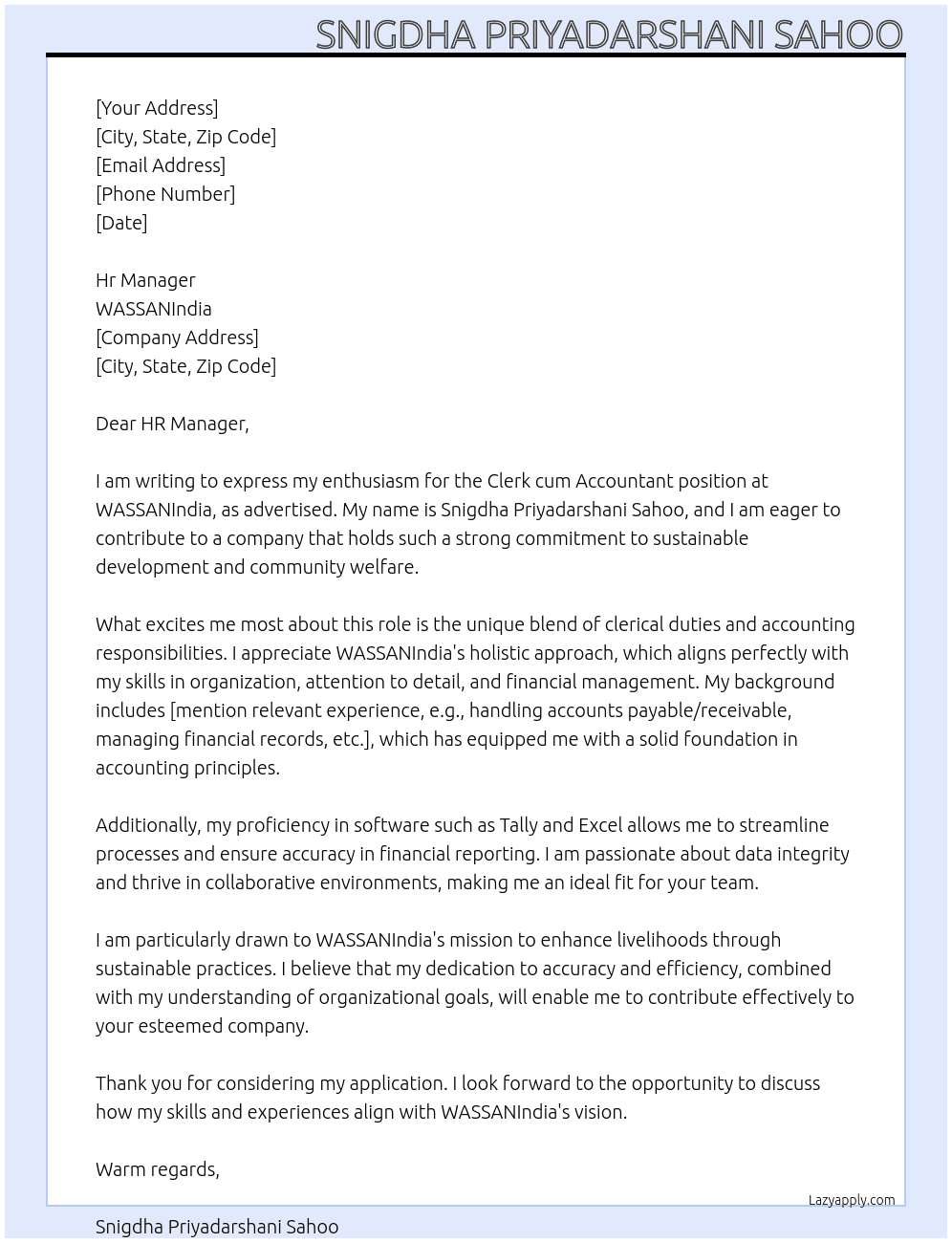 Cleark cum accountant  At WASSANIndia  Cover Letter