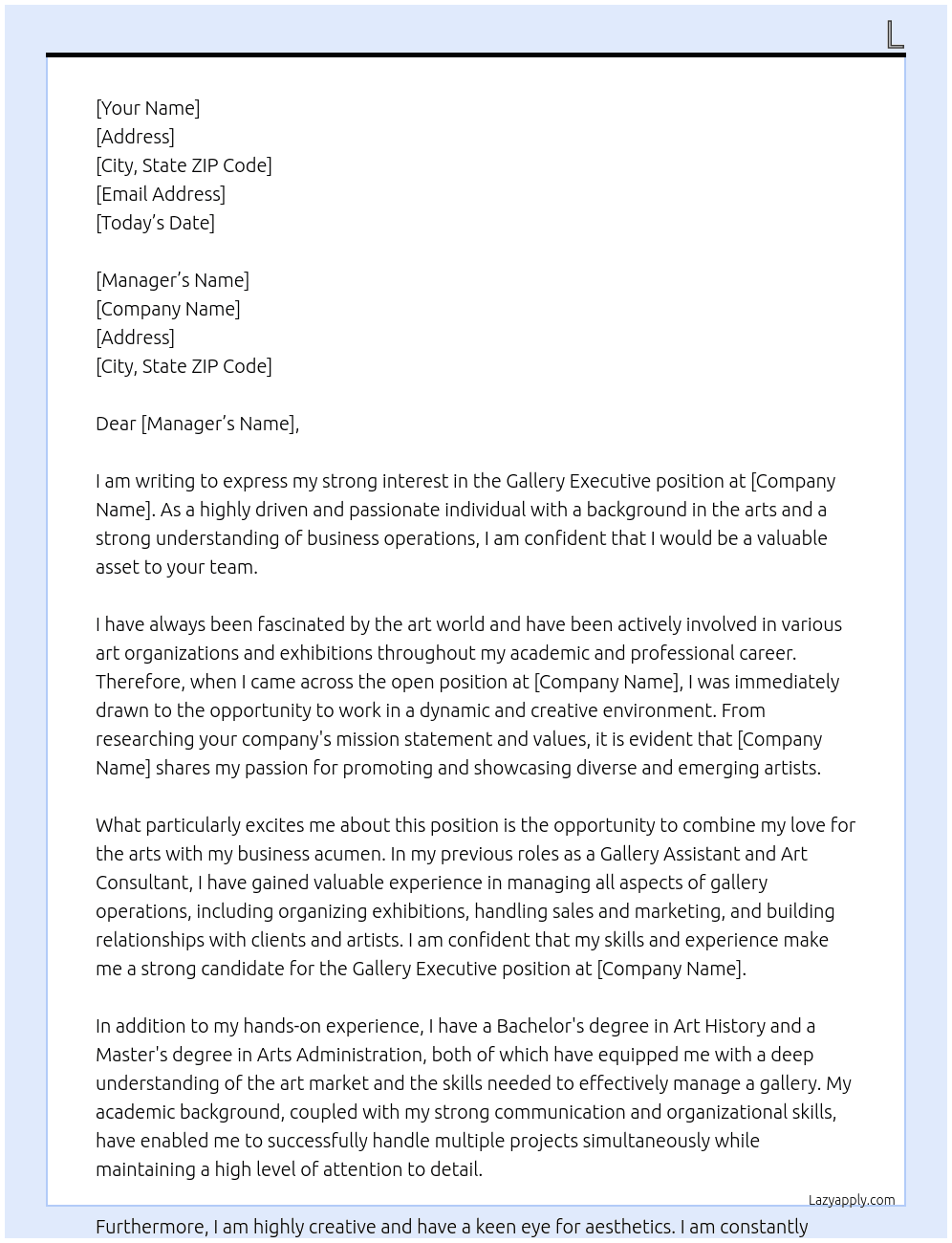 Gallery executive At Gallery Cover Letter