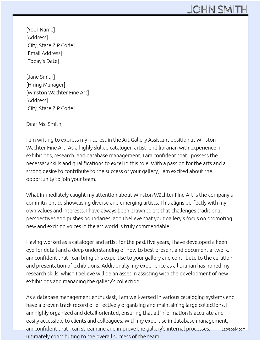 Art Gallery assistant At Winston Wächter Fine Art Cover Letter