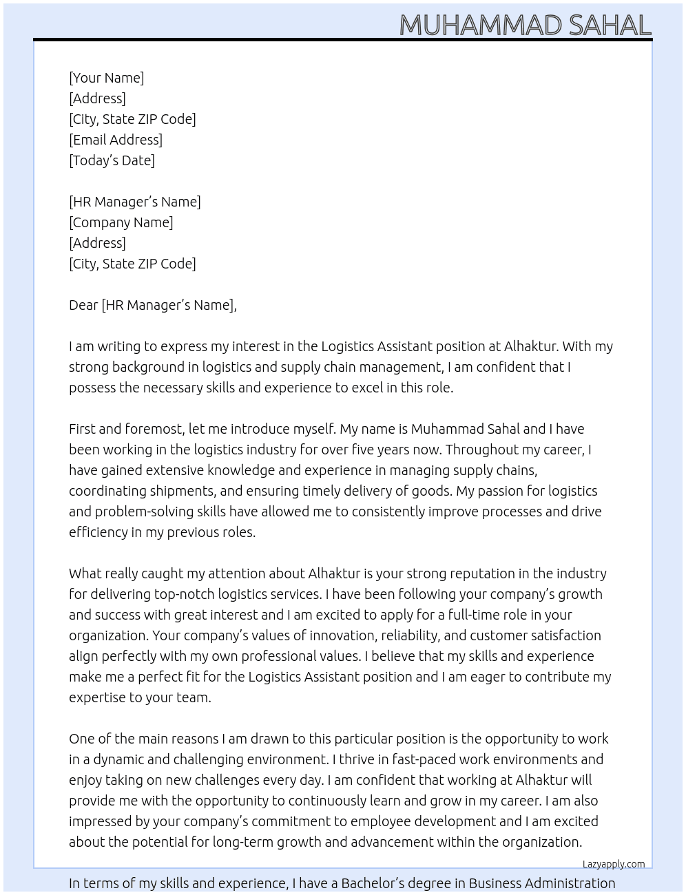 logistics assistant At alhaktur Cover Letter