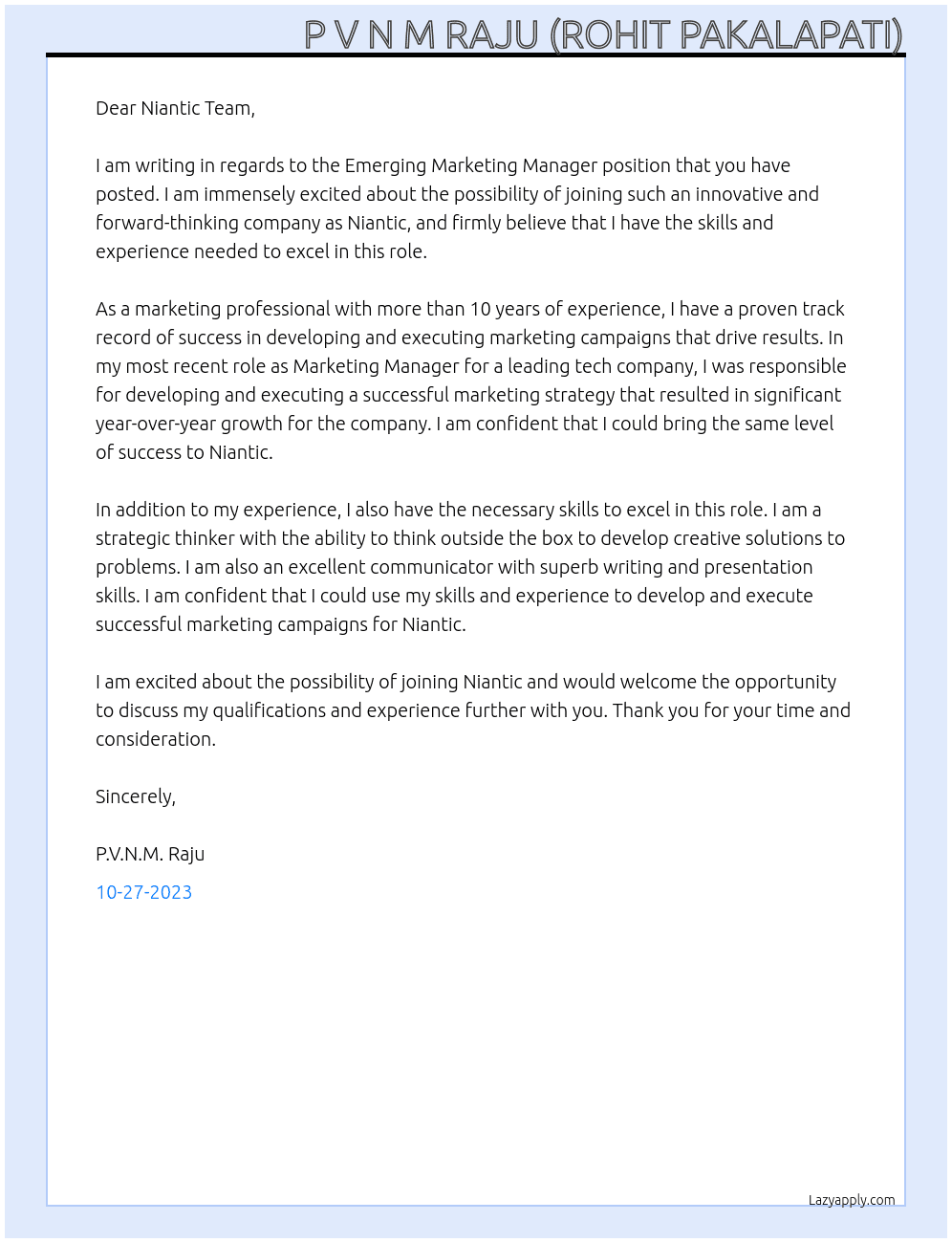 Emerging Marketing Manager At Niantic Cover Letter