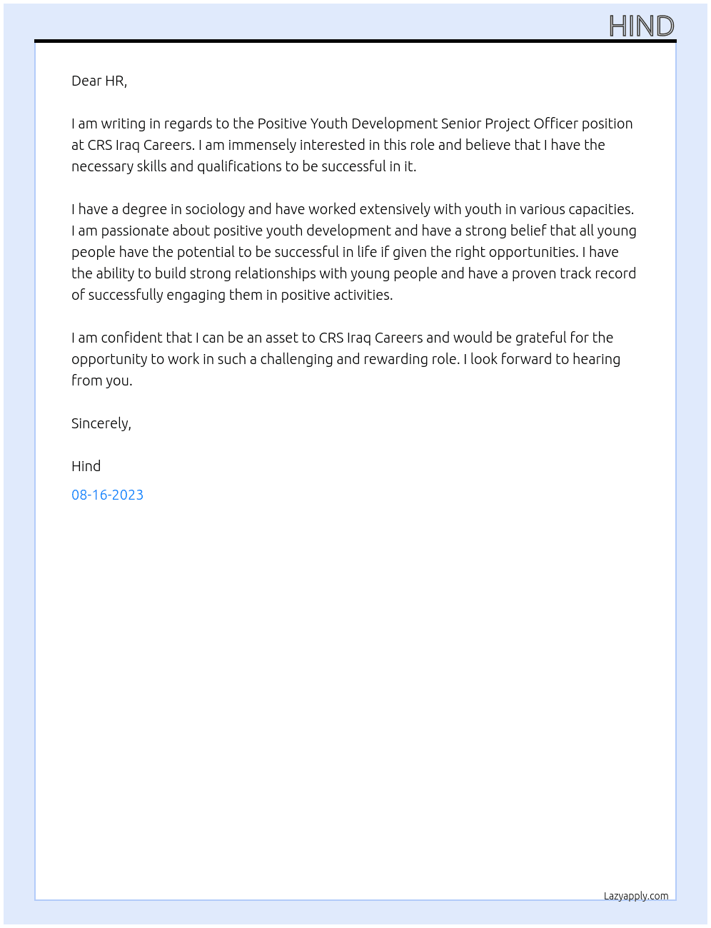 Positive Youth Development Senior Project Officer At CRS Iraq Careers Cover Letter