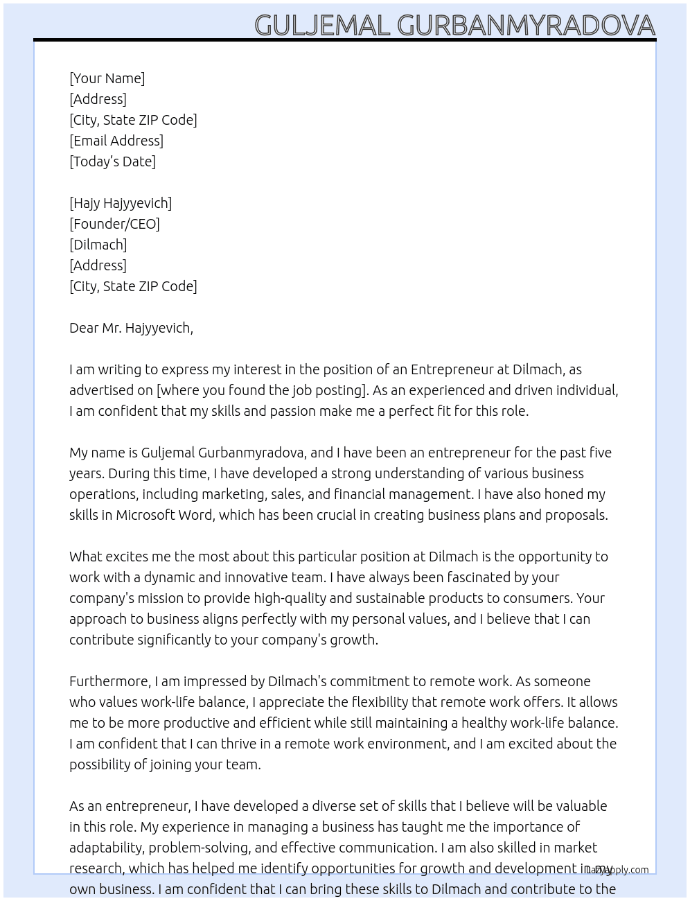 Enterpreneur At Dilmach Cover Letter