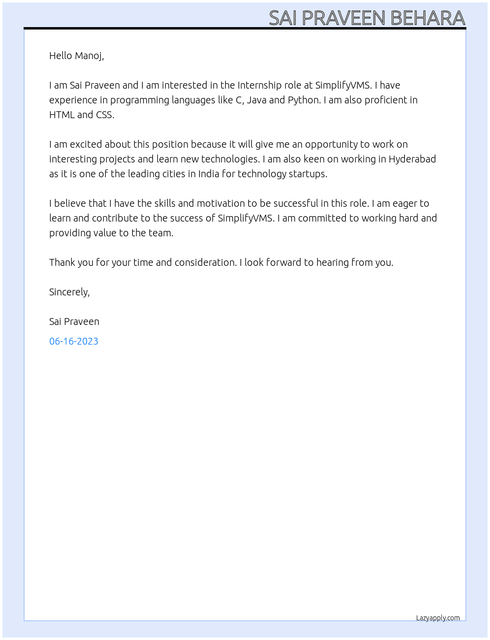 Internship At SimplifyVMS Cover Letter