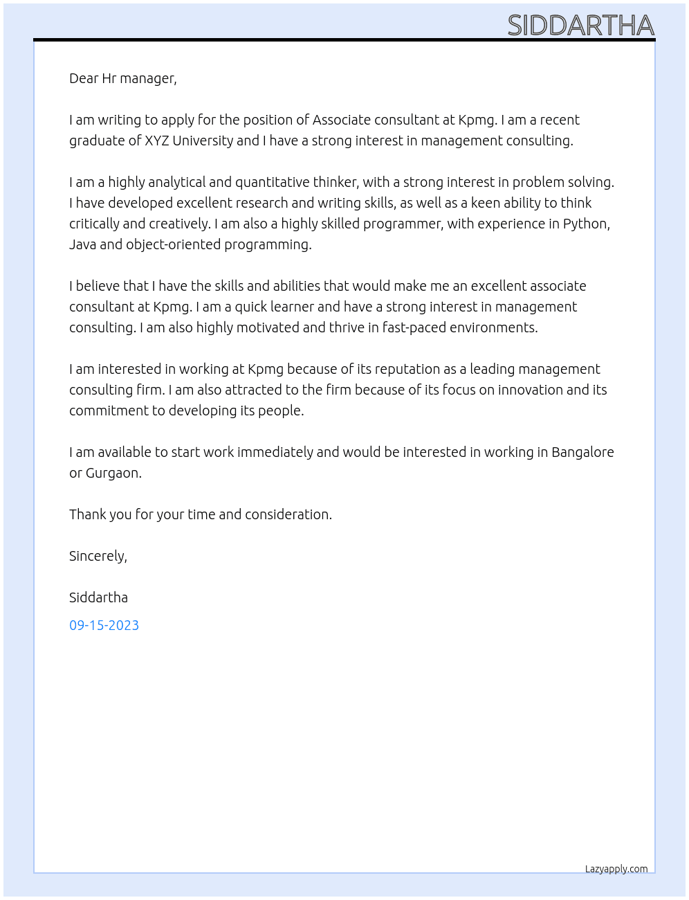 Associate consultant At Kpmg Cover Letter