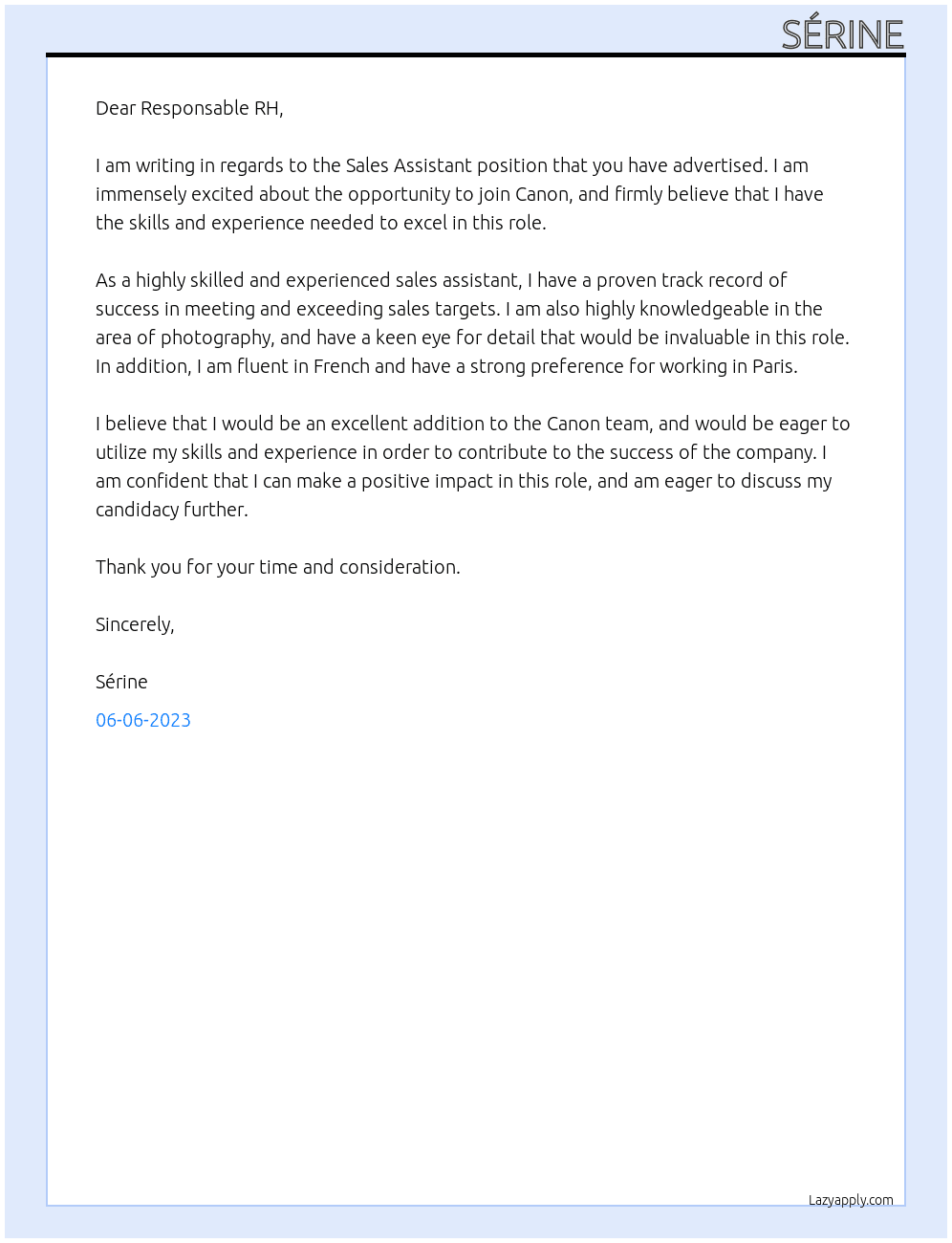 sales assistant At Canon Cover Letter