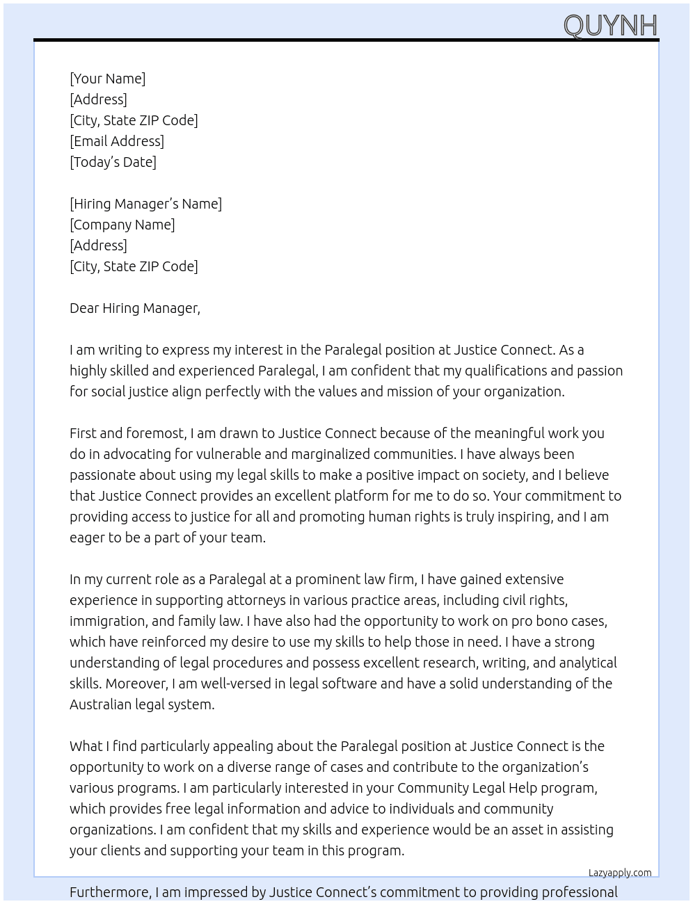 Paralegal At Justice Connect Cover Letter