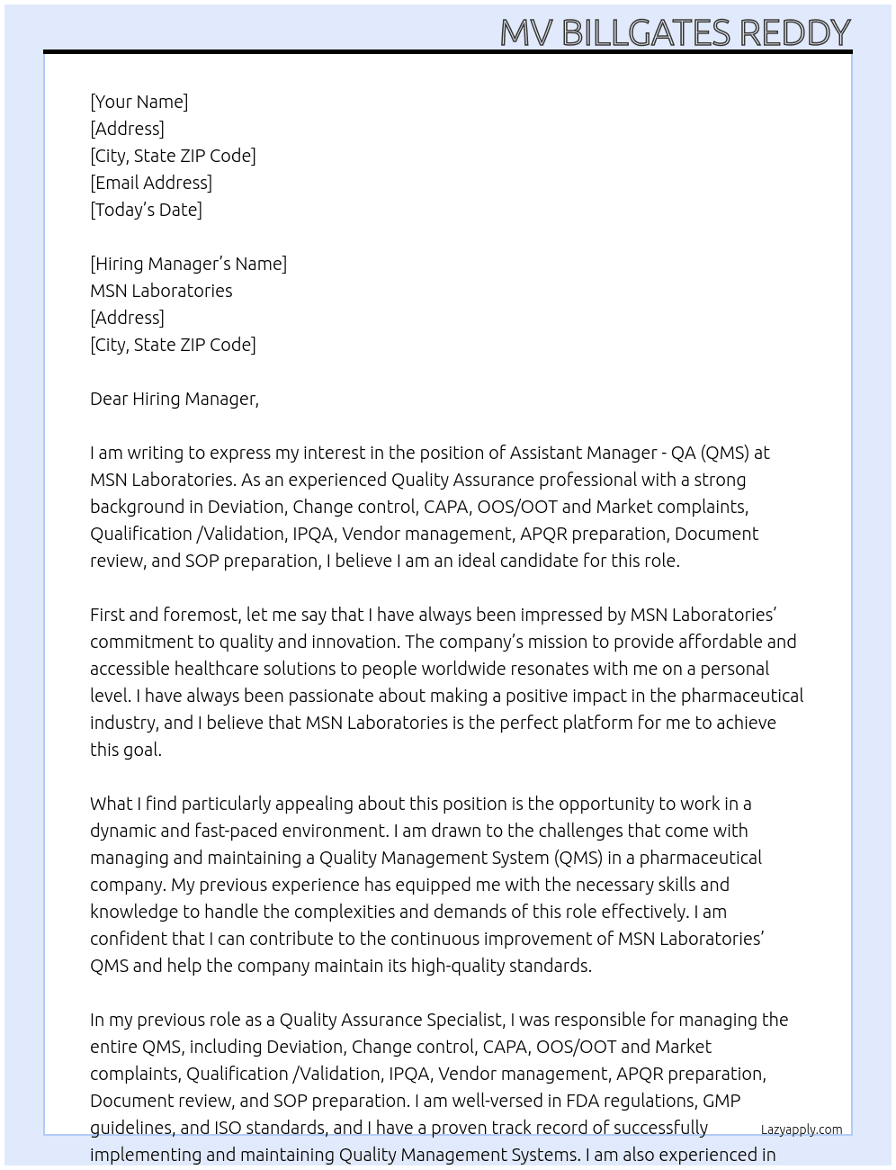 Assistant Manager - QA (QMS) At MSN laboratories  Cover Letter