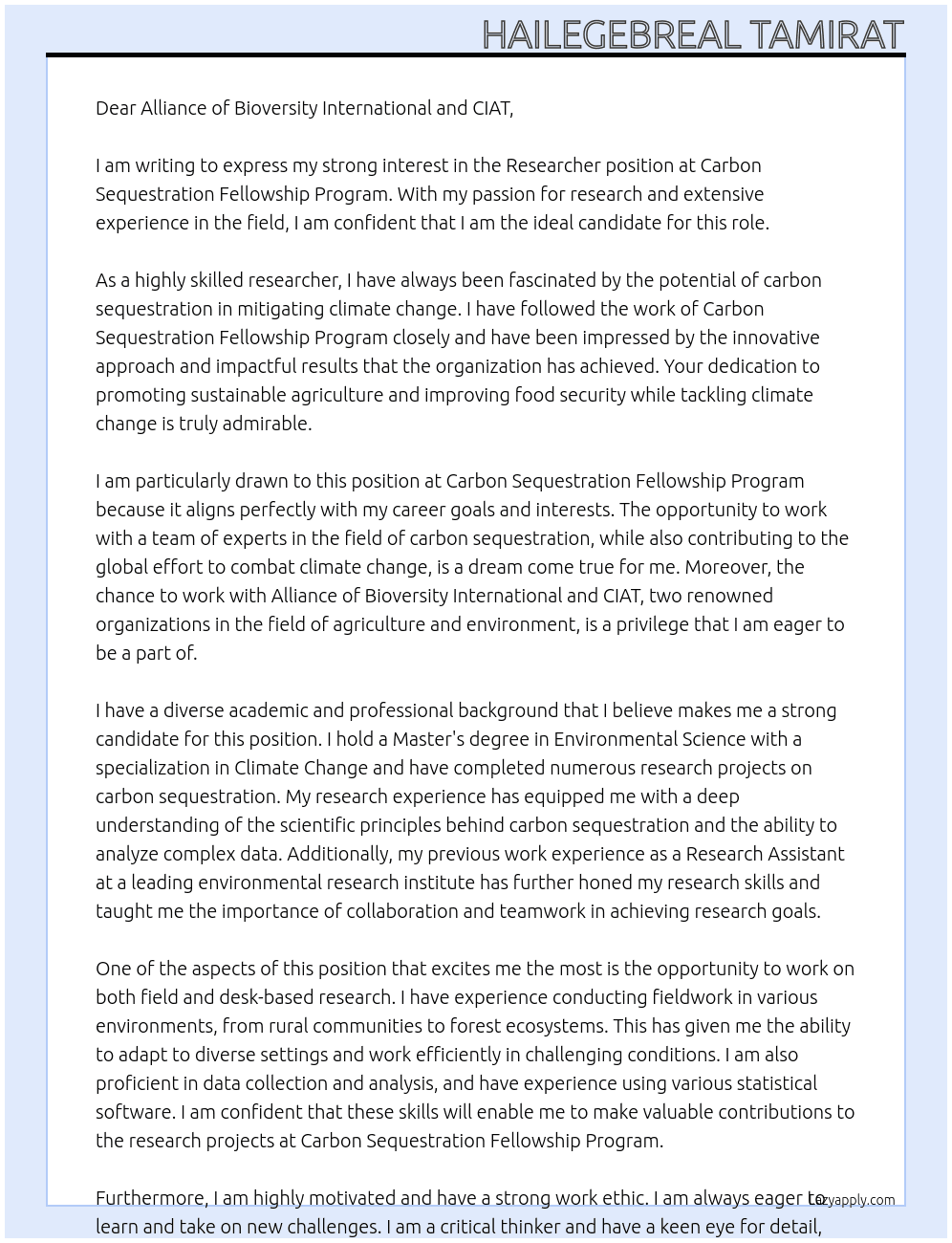 Researcher  At Carbon Sequestration Fellowship Program Cover Letter