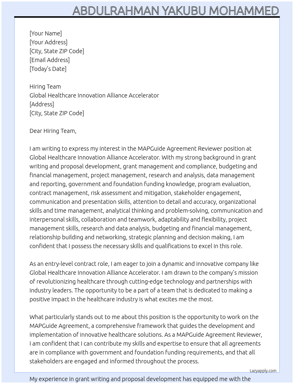 MAPGuide Agreement Reviewer At Global Healthcare Innovation Alliance Accelerator Cover Letter