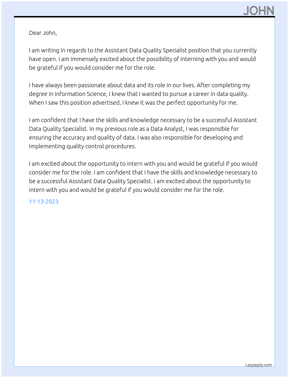 Assistant Data Quality Specialist At John Cover Letter