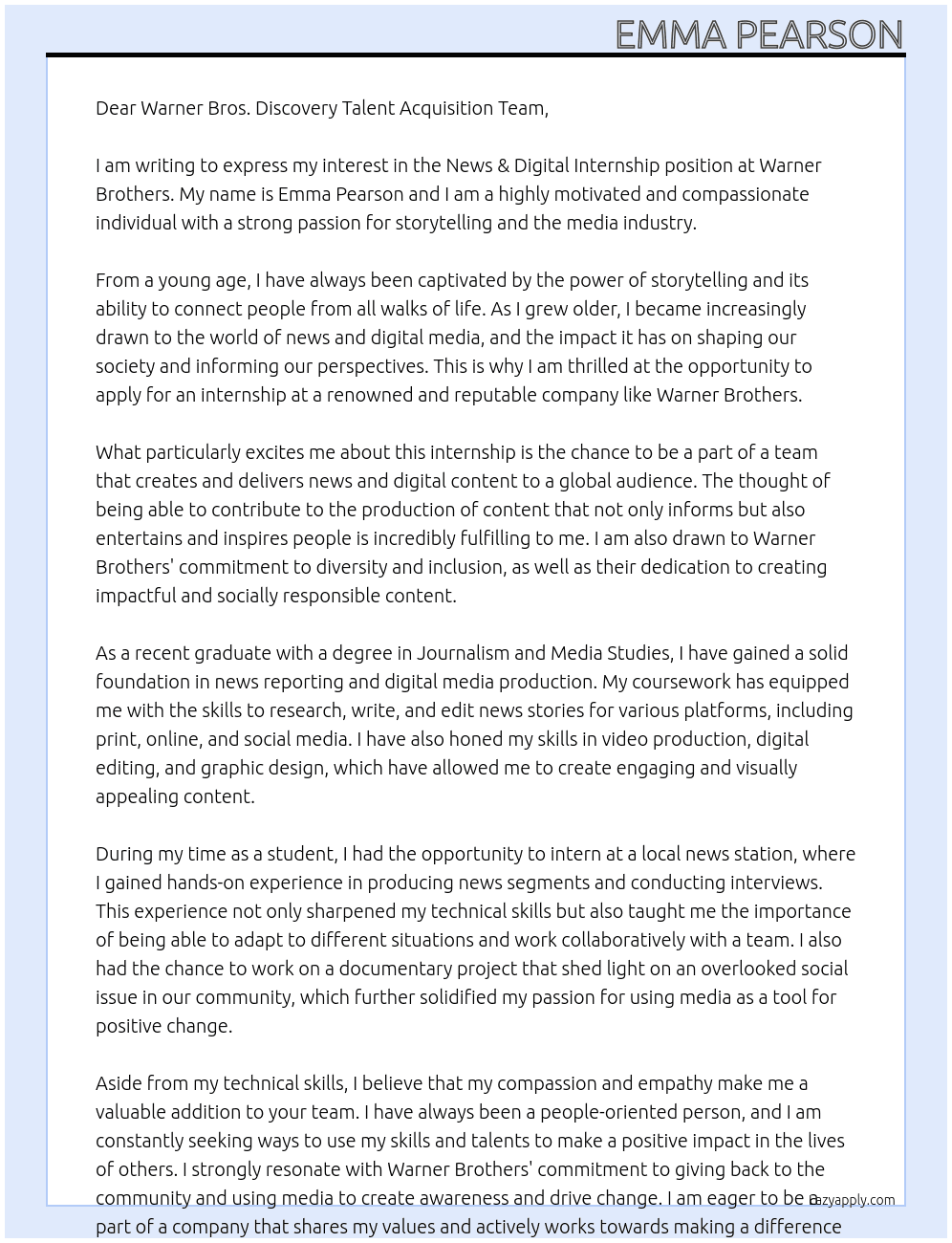 News & Digital Internships At Warner Brothers  Cover Letter