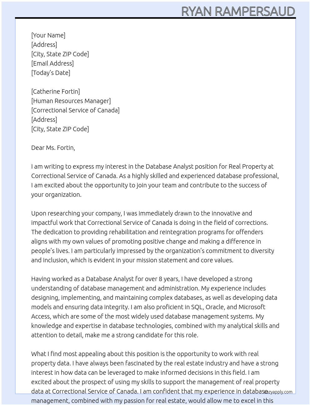 Database Analyst, Real Property At Correctional Service of Canada  Cover Letter