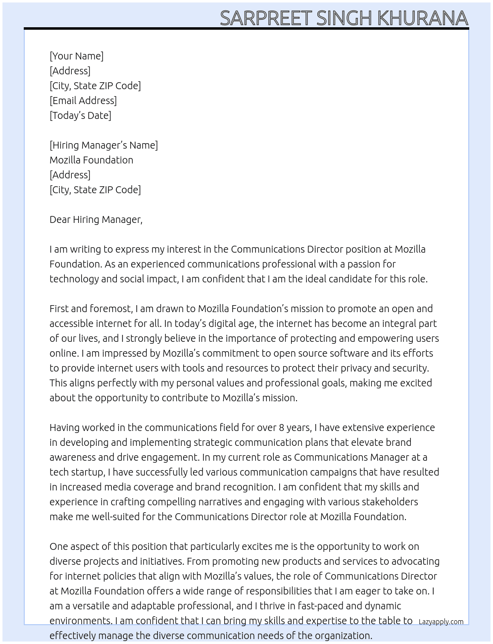 Communications Director At Mozilla Foundation Cover Letter