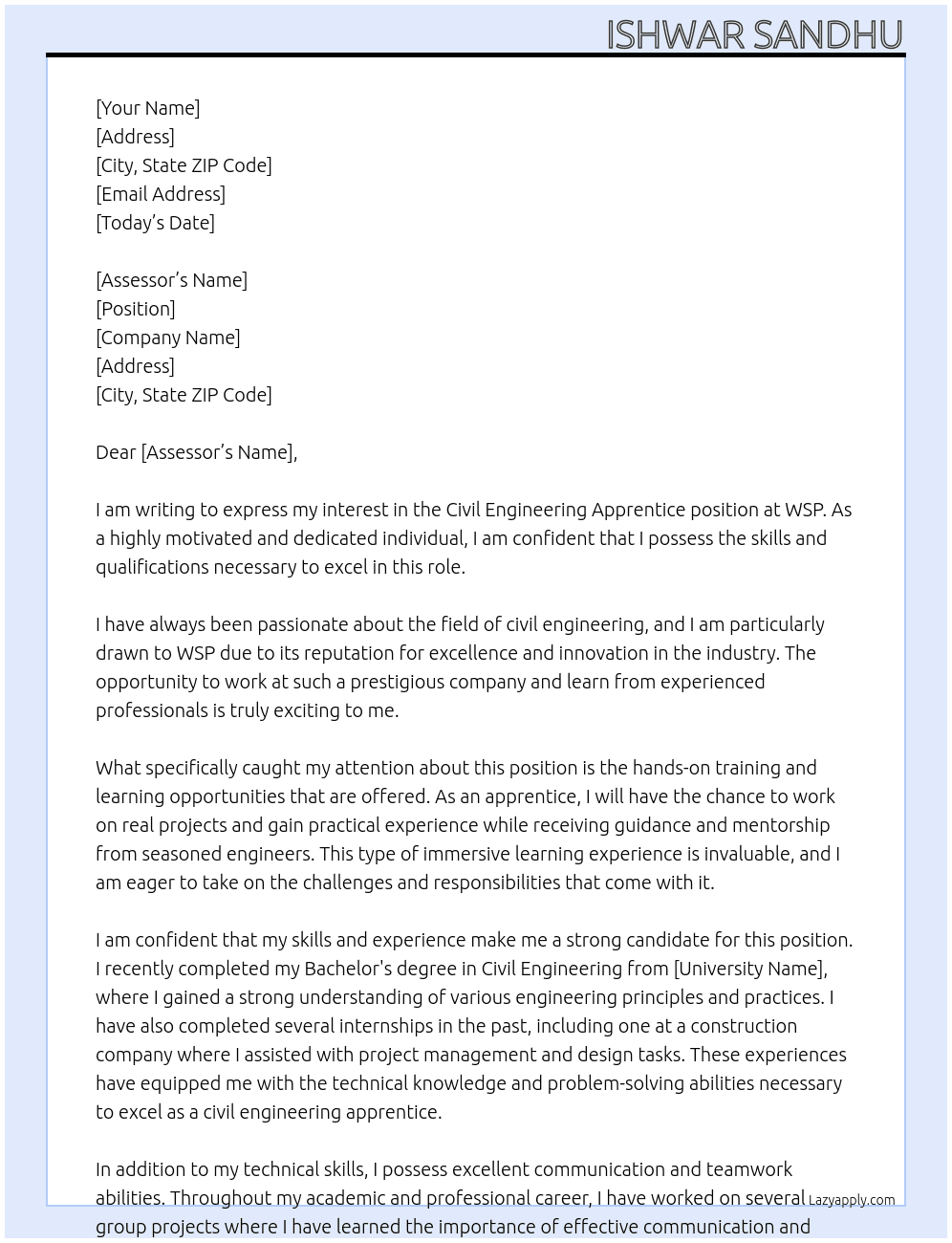 Cover letter for civil engineering apprentice - LazyApply