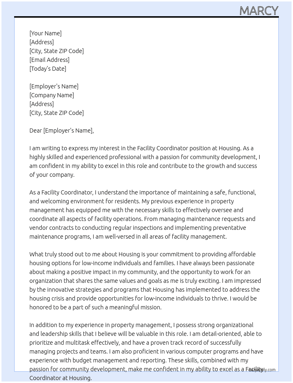Facility coordinator  At Housing Cover Letter