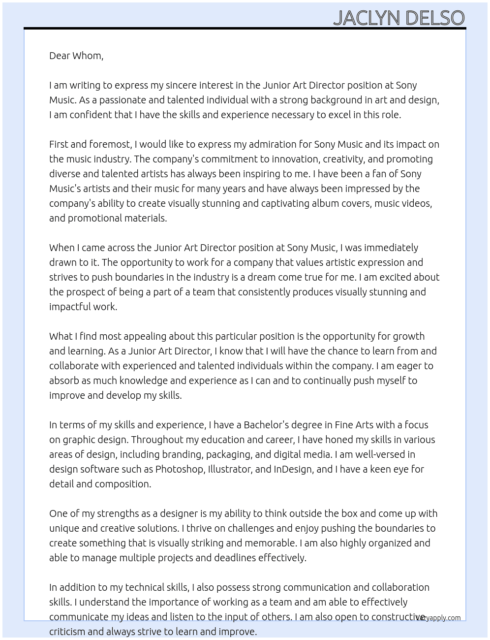 Junior Art Director At Sony Music Cover Letter