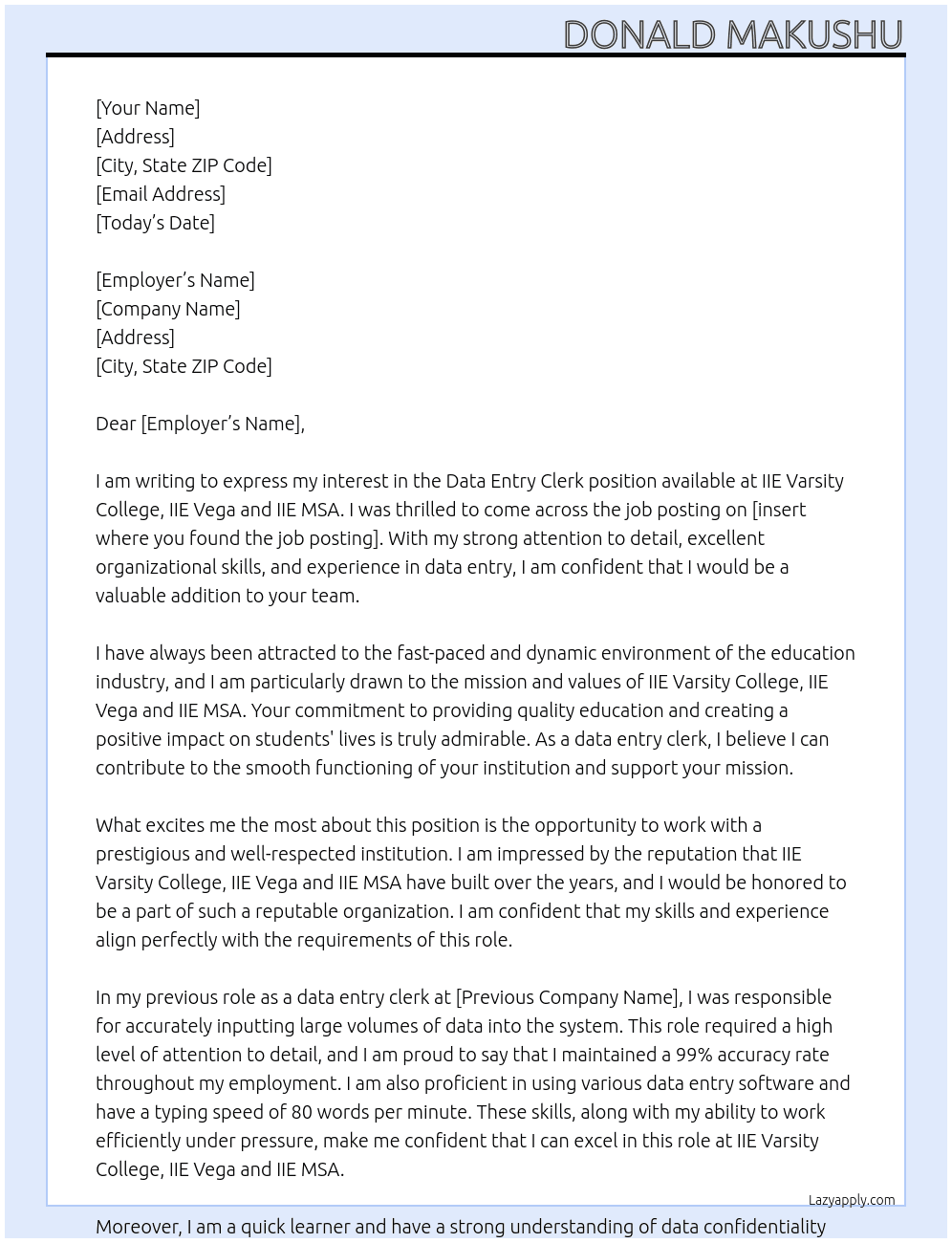 data entry clerk At IIE Varsity College , IIE Vega and IIE MSA Cover Letter