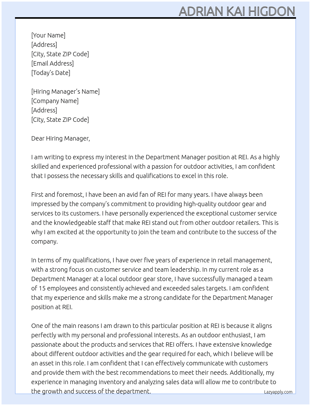 Department Manager At REI Cover Letter