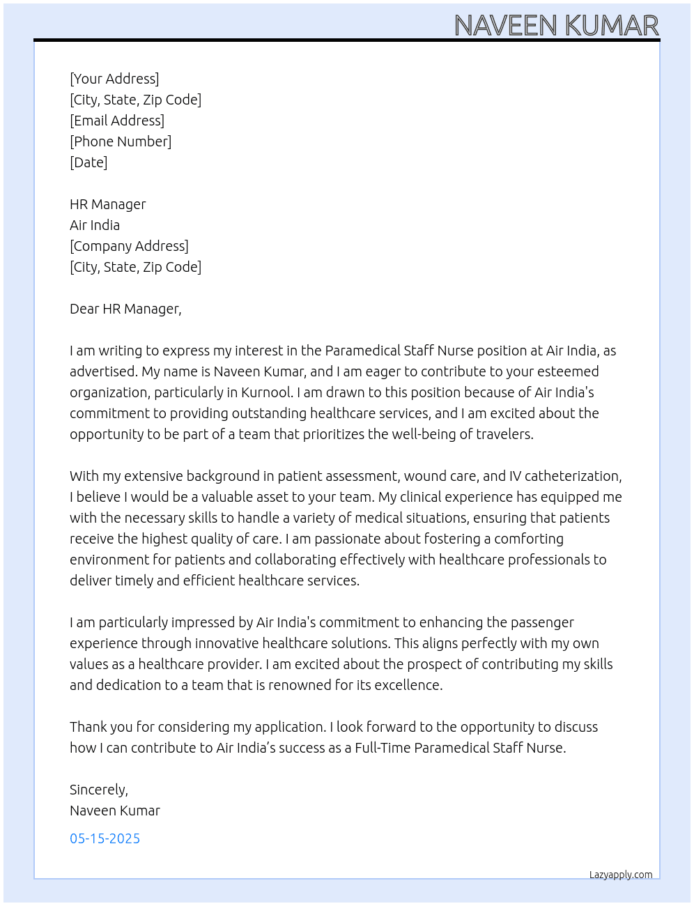 Cover letter for paramedical staff nurse - LazyApply