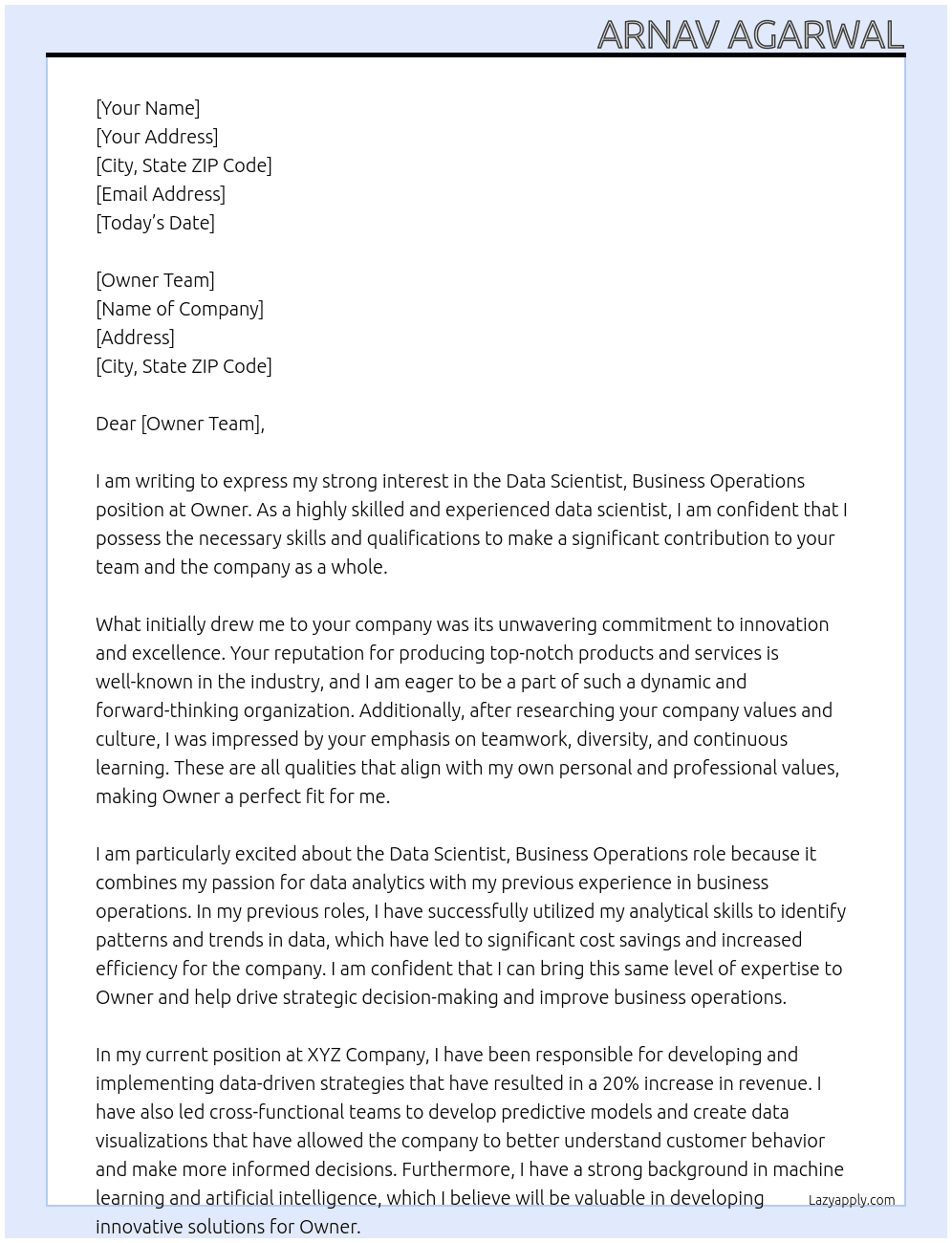 Data Scientist, Business Operations At Owner Cover Letter