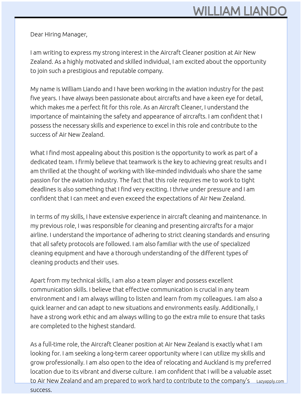 Aircraft Cleaner At Air New Zealand Cover Letter