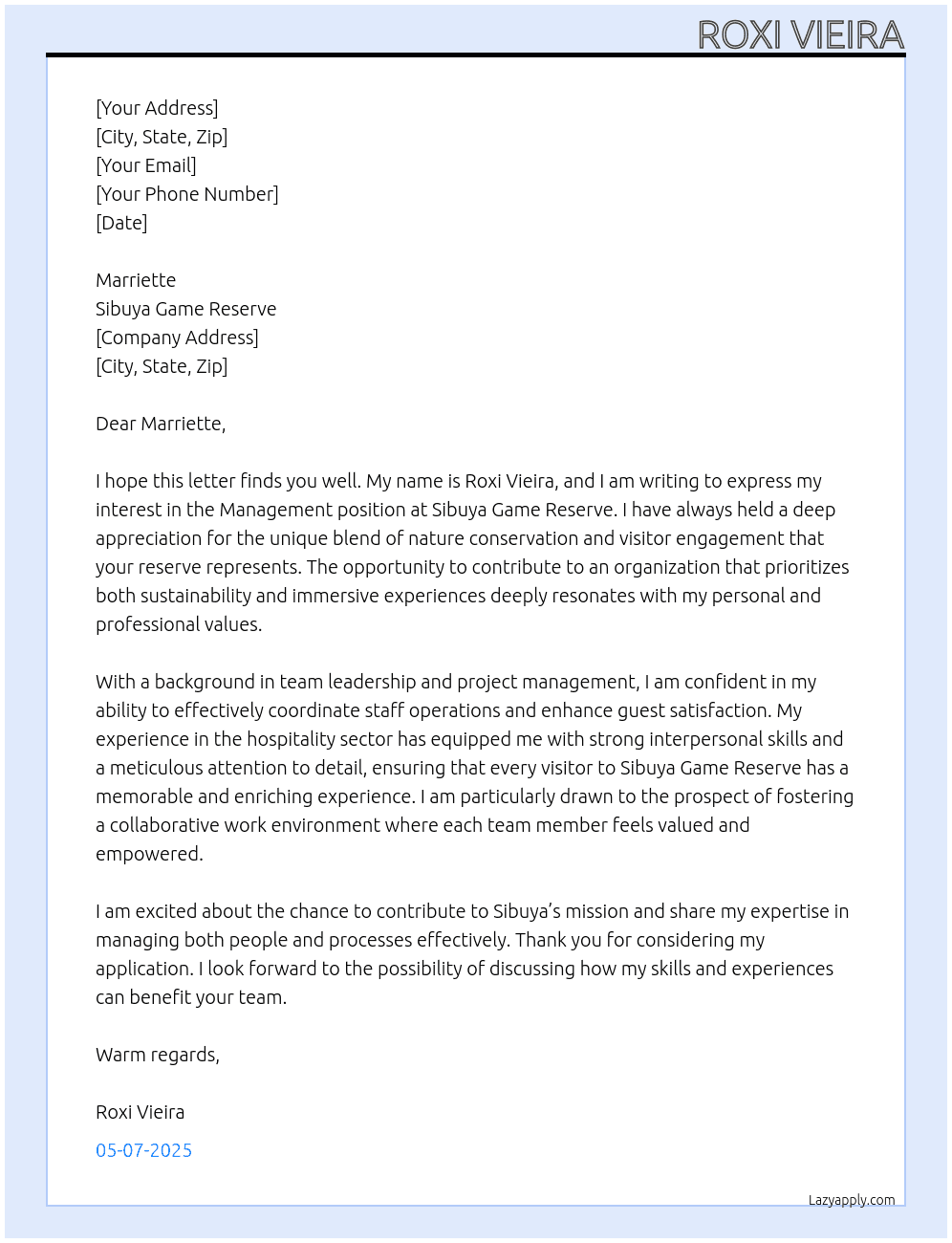 Management  At Sibuya Game Reserve  Cover Letter